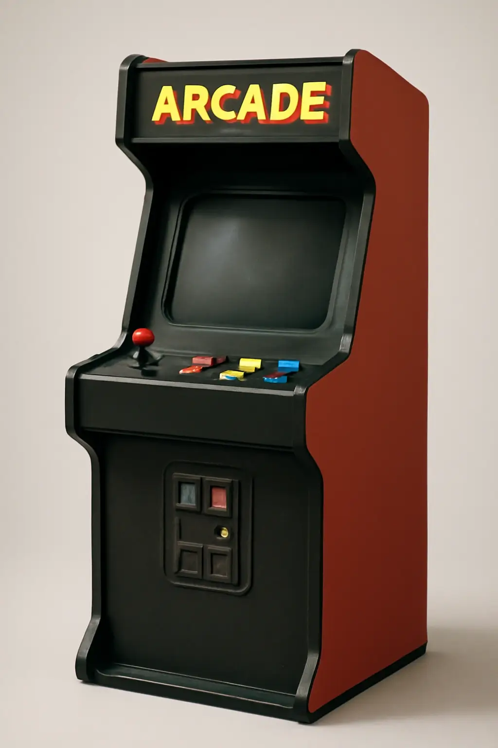 Classic arcade game cabinet standing in a retro styled room with colorful neon lights and vintage posters on the walls, evoking a nostalgic and playful atmosphere