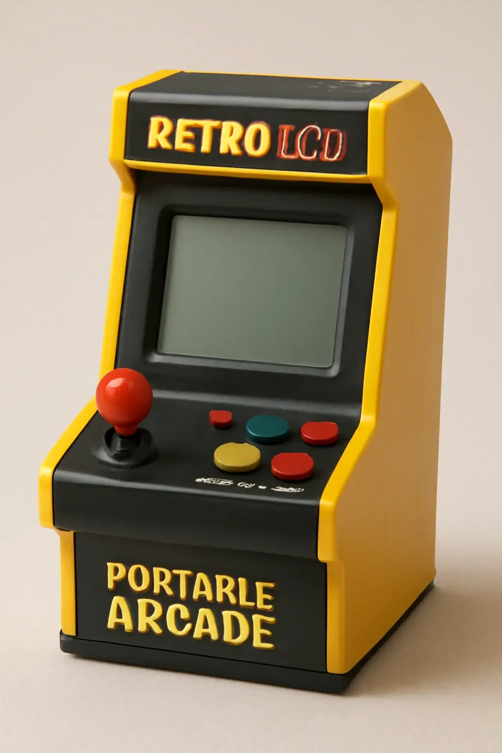 Yellow and black retro arcade cabinet with a joystick and colorful buttons on the control panel, large LCD screen, and the words RETRO LCD on the marquee and PORTARLE ARCADE on the front panel, set against a neutral background, evoking a playful and nostalgic atmosphere