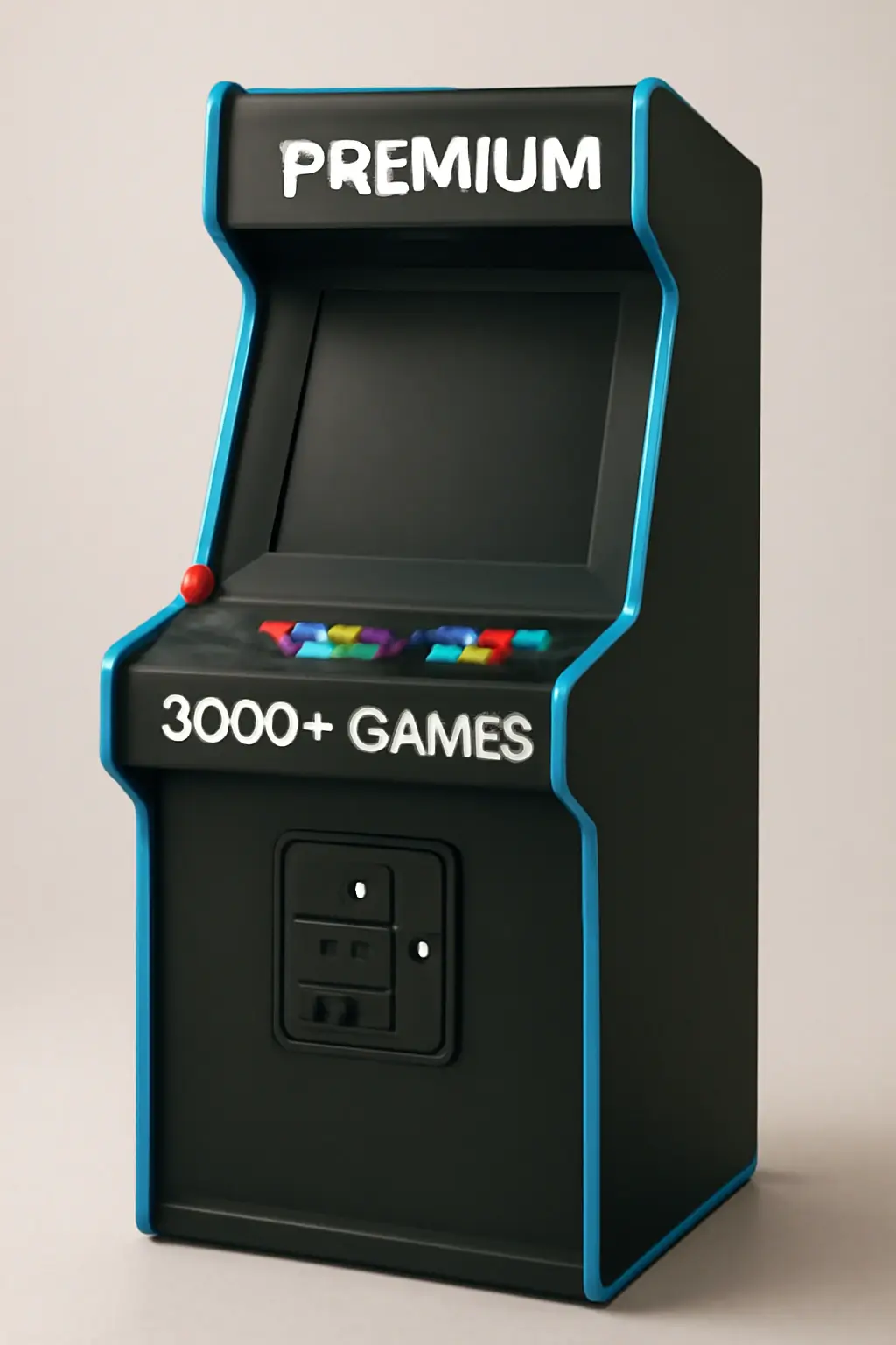 Premium arcade game cabinet with a sleek design, featuring a large LCD screen, responsive controls, and a variety of classic games, set against a neutral background